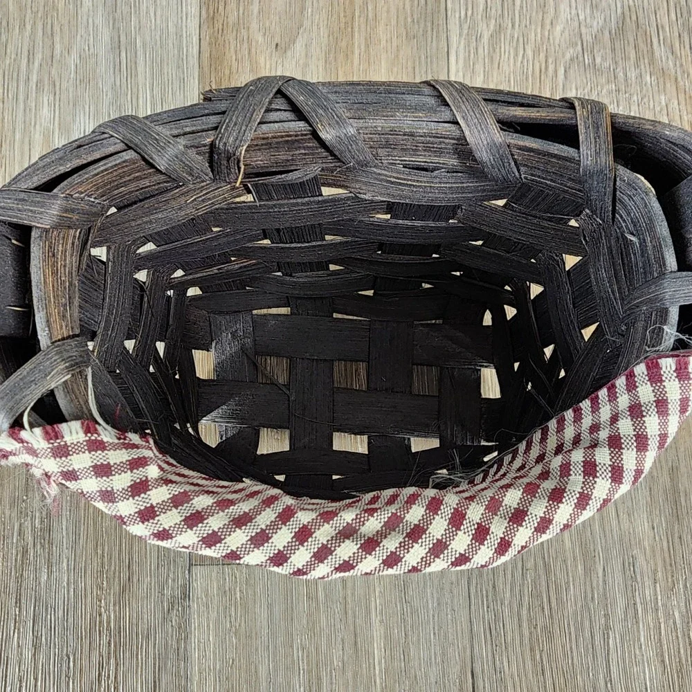 Vintage Woven Basket Espresso Brown Gingham Fabric Button Primitive Decor 9in